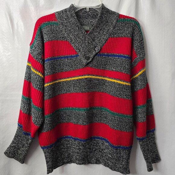 Gitano Wrap Neck Ski Sweater M Women Pullover Preppy Boxy Red Stripe Vintage 80s - Picture 5 of 6
